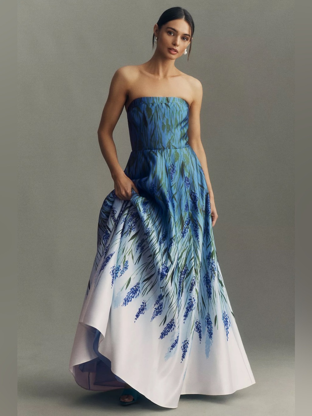 BHLDN Kira Strapless Printed Satin A-Line Maxi Dress blue meadow